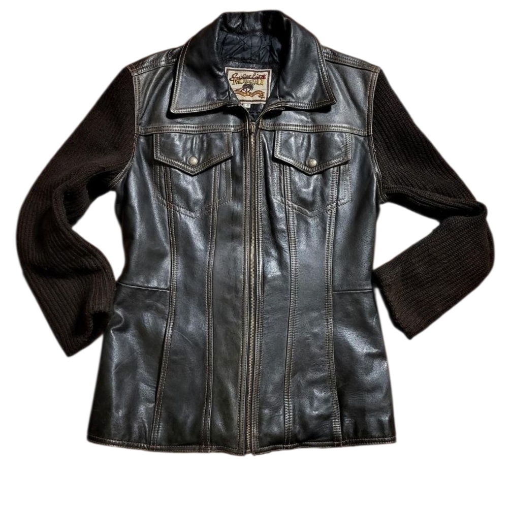 Others Follow Black Leather Jacket with Knit Sleeves